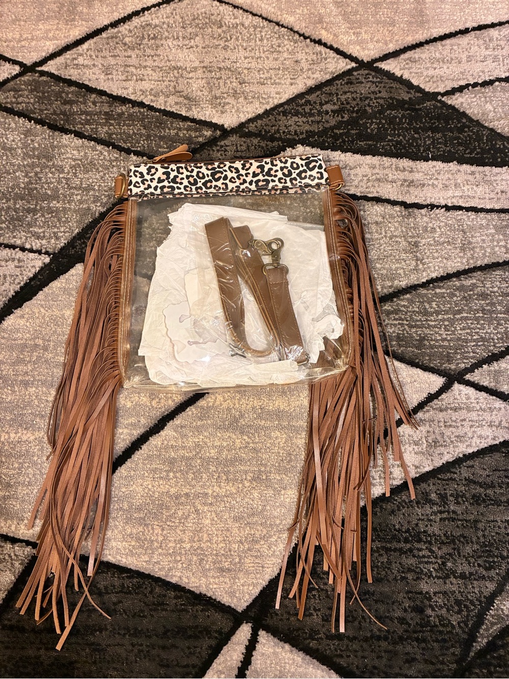 Clear Crossbody Bag with Leopard-Trim and Brown Fringe